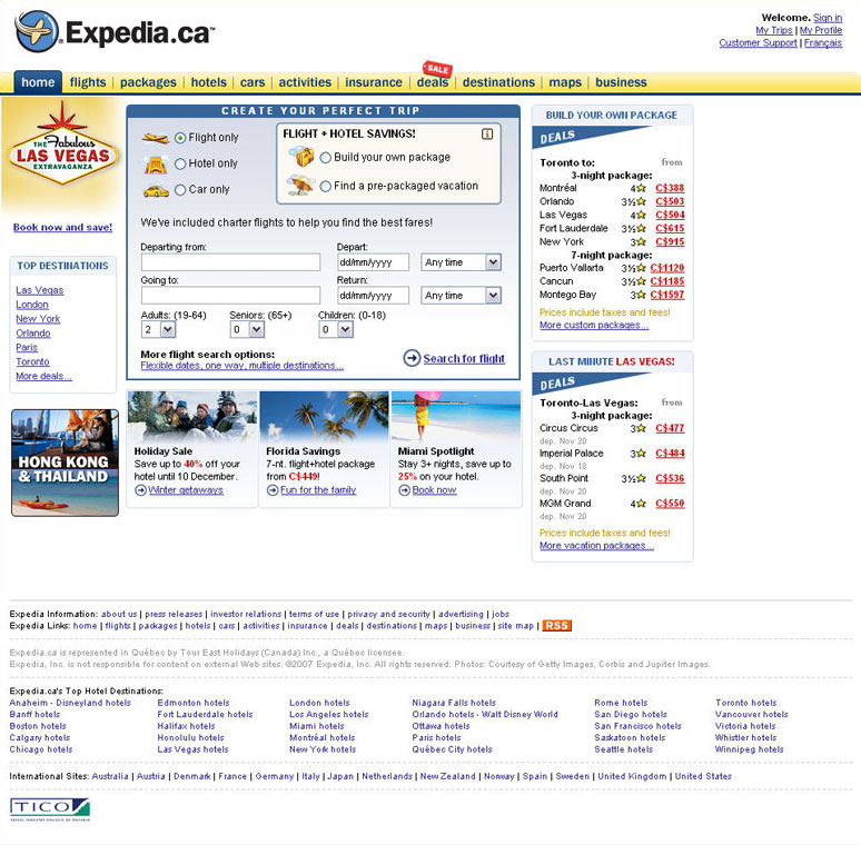 Expedia.ca homepage version A: control